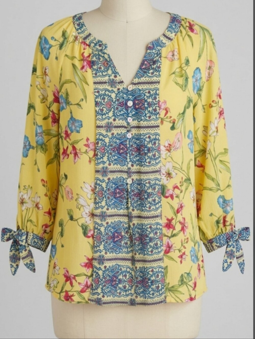 Valerie Stevens Yellow Peasant Top V-Neck Bright Floral Small to Medium